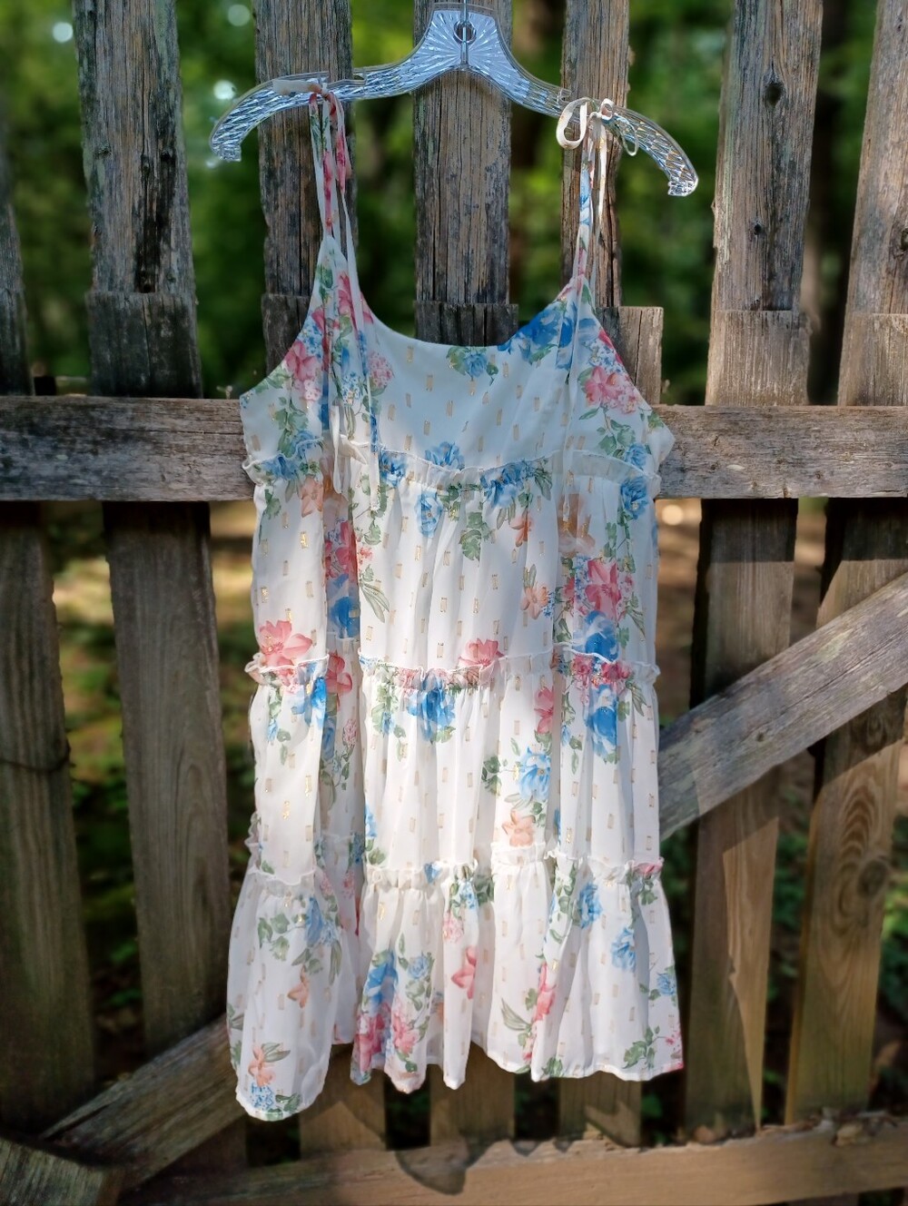 Floral Tiered Sundress - White with Pink & Blue Flowers